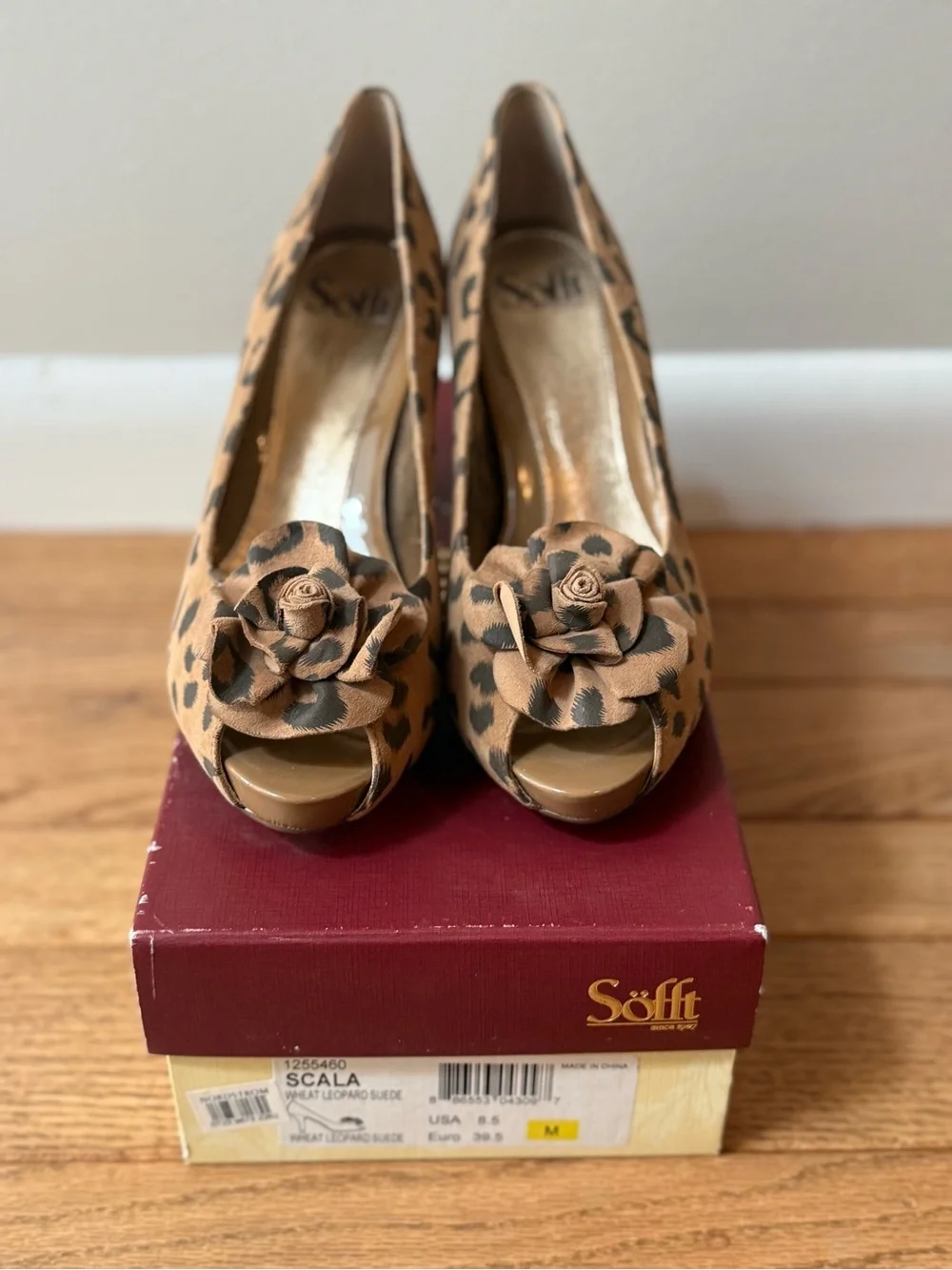 Sofft Leopard Peep-Toe Pumps in Tan and Black with Rosette